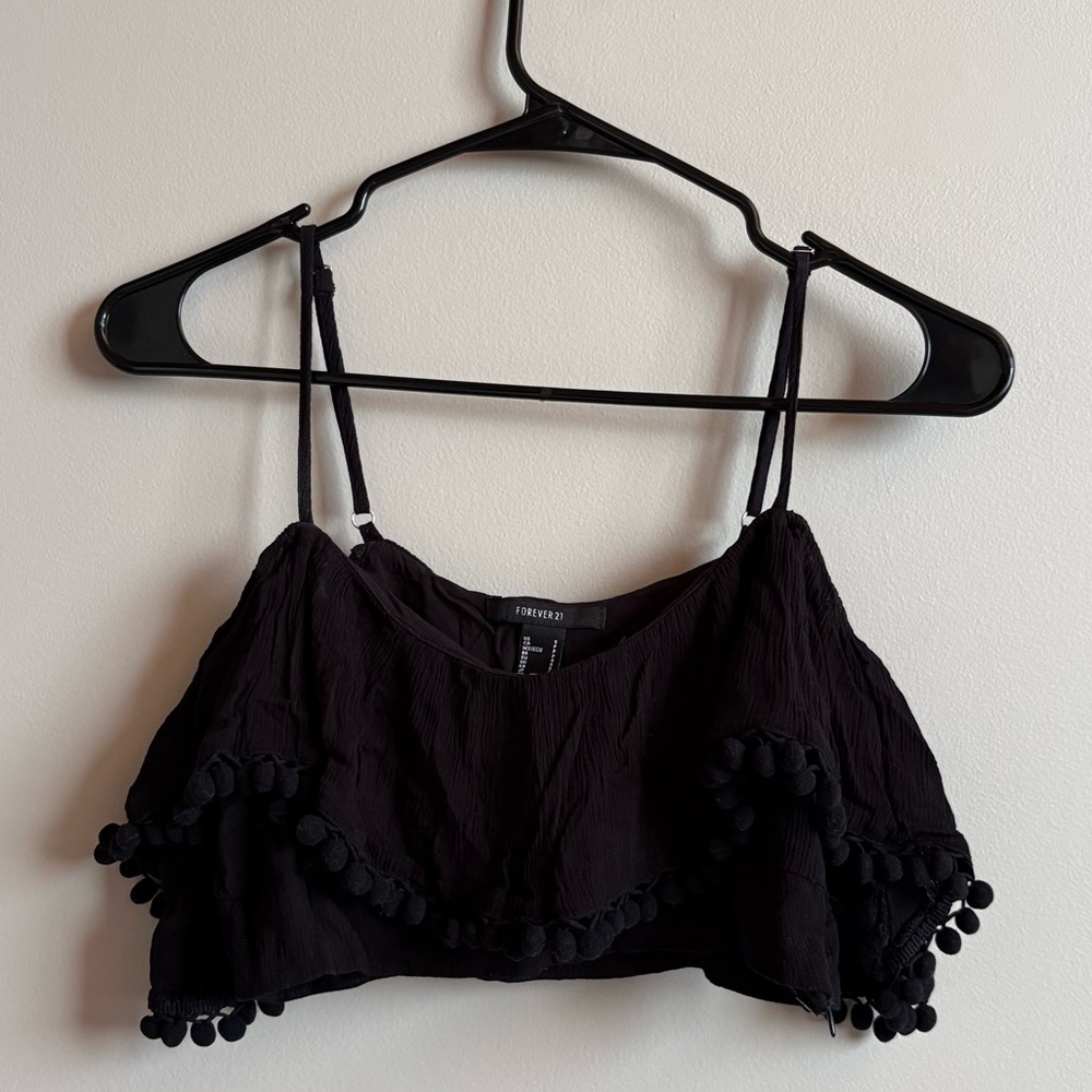 Forever 21 Black Ruffle Pom-Pom Crop Top (xs-s)